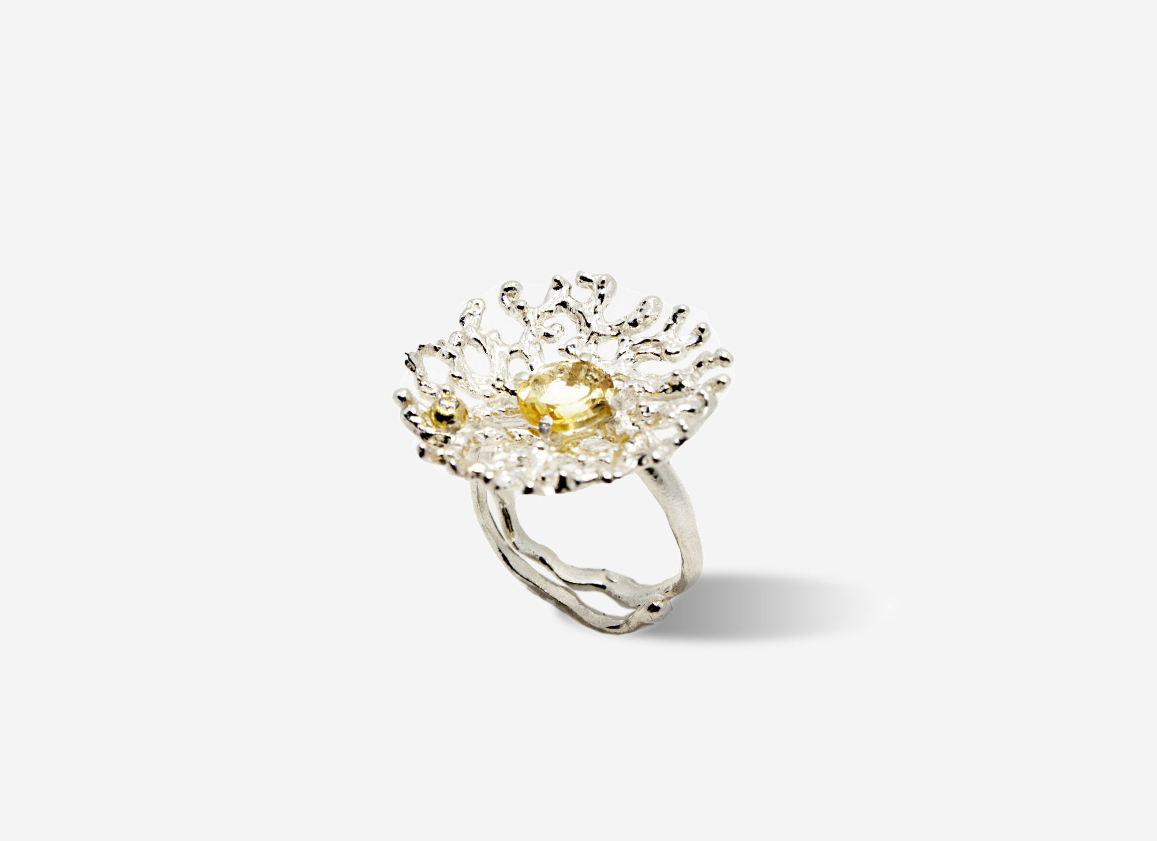Solid Silver Sculpture Ring with Round Golden Citrine and Diamond • Lin ...